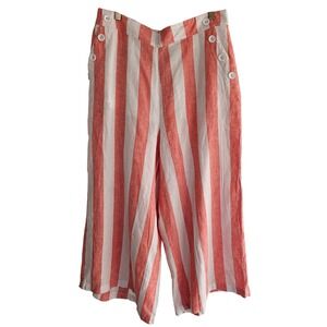Cato L White Pink Striped Cropped Wide Leg Sailor Button‎ Linen Pants Coastal